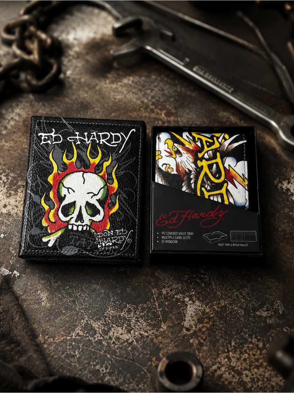 Ed Hardy Men’s Eagle Skull Bifold Wallet Valet Tray NIB Y2K Tattoo
